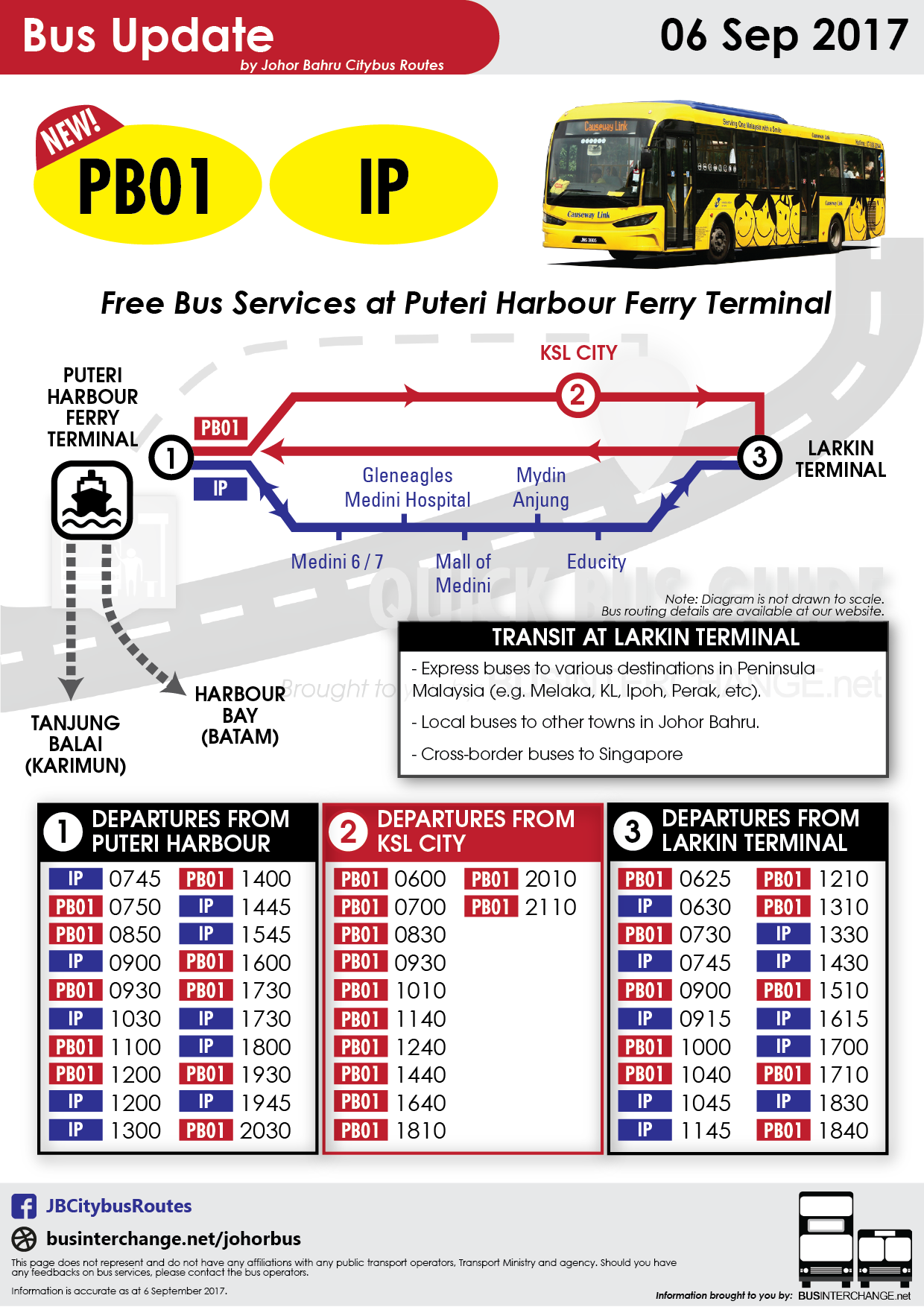 Collated bus timetables for Iskandar Puteri Free Shuttle IP and new bus service PB01. Collated bus timetables for Iskandar Puteri Free Shuttle IP and new bus service PB01.